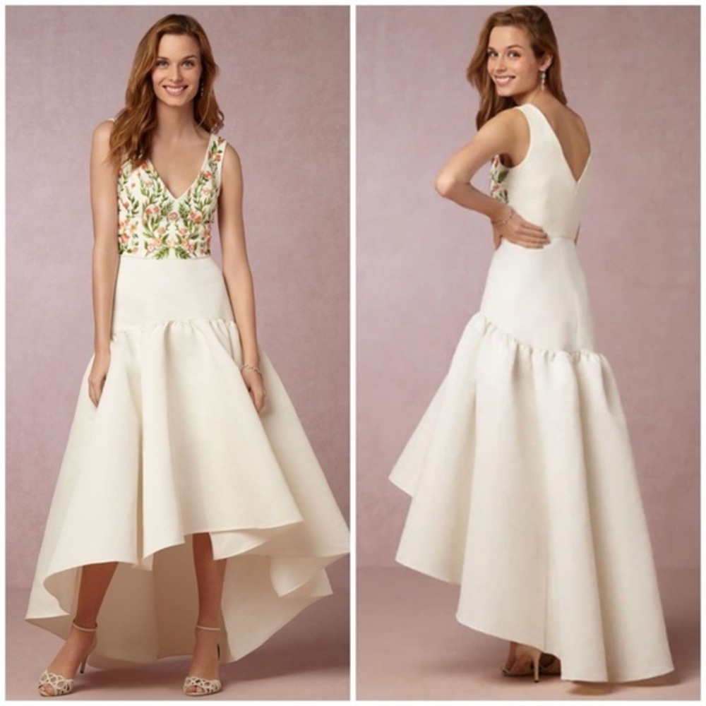 Marchesa Ivory High-Low Wedding Gown with Floral Embroidered Bodice